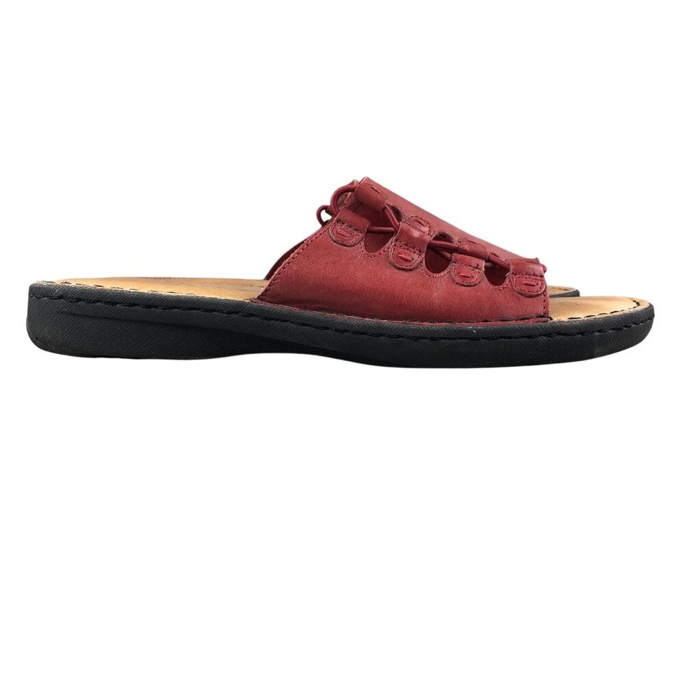 Minnetonka Women's Size 11 Red Leather Cutout Open Toe Slip On Slides Sandals